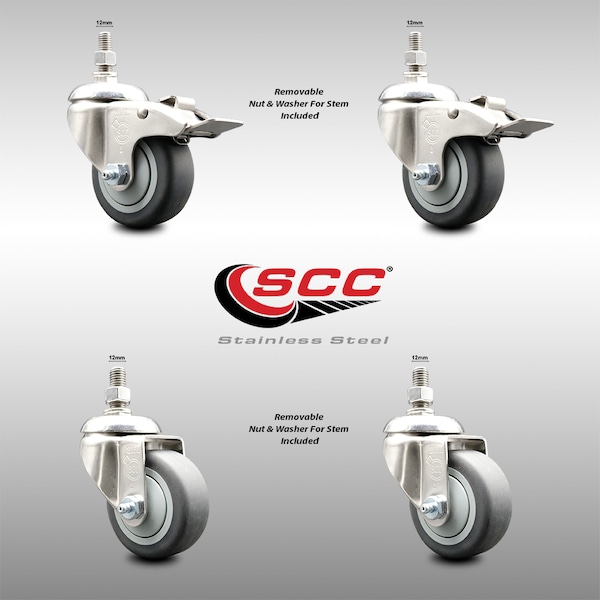 Service Caster 3.5 Inch 316SS Thermoplastic Rubber 12mm Stem Caster Lock Brake SCC, 2PK SS316TSTTL20S3514-TPRB-M1215-2-S2 - main